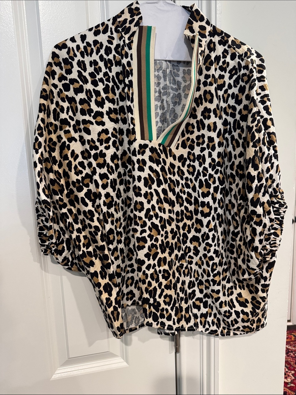 entro Leopard-Print V-Neck Tunic Top in Black, Brown & Cream with Striped Trim